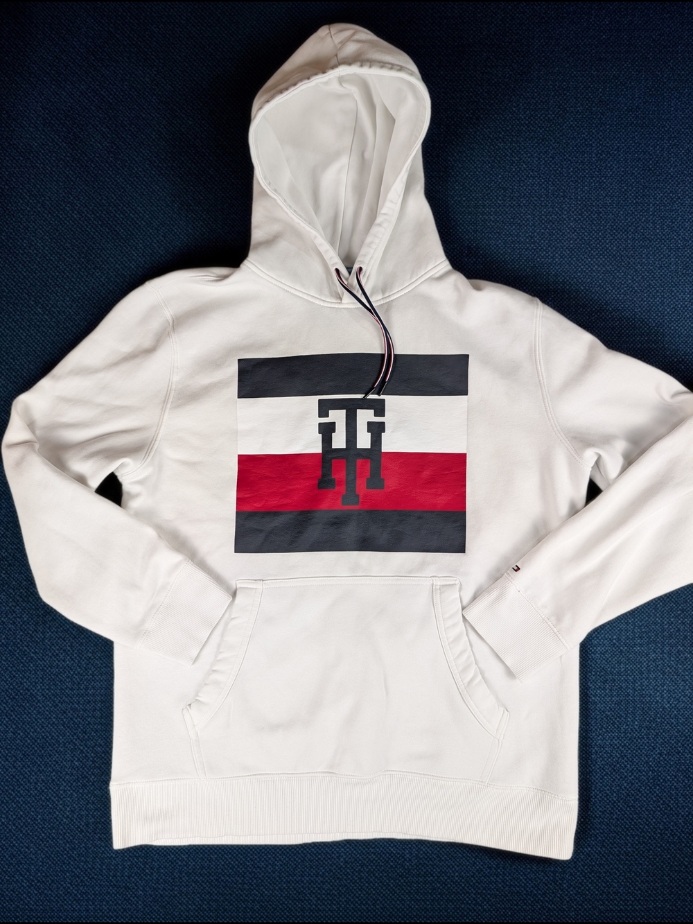 Tommy Hilfiger Pullover Over Hoodie Men's XL White Color Block Logo Preppy